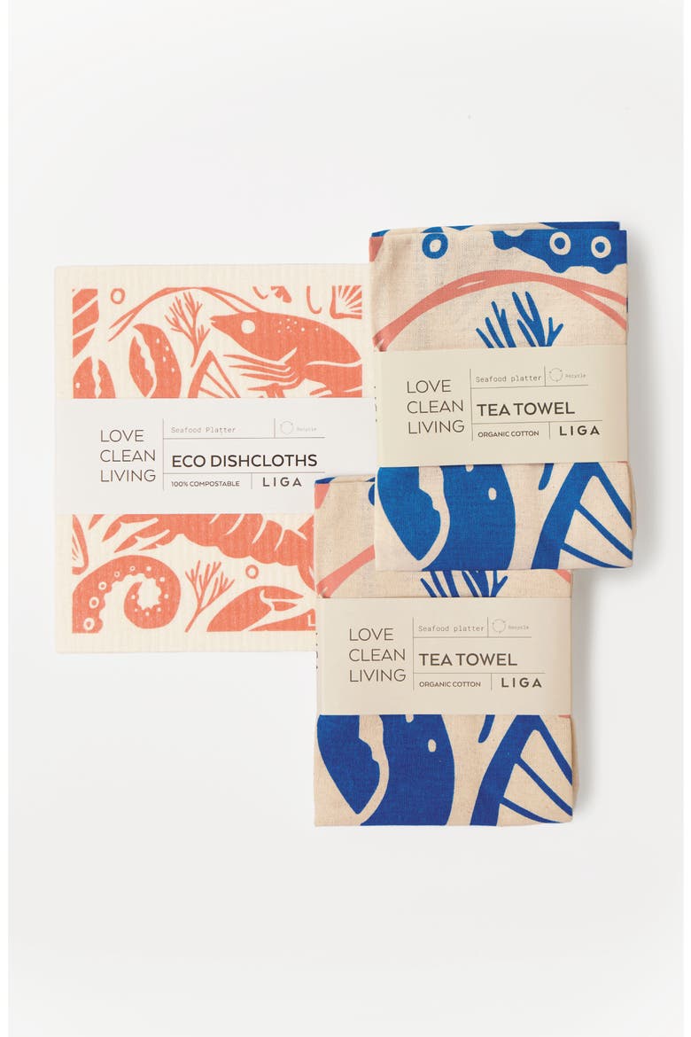 Tea Towels - Seafood Platter Set of 2 + Dishcloths Set of  2- Seafood Platter, Main, color, Tea Towel