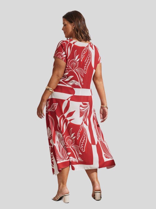 Live Unlimited Abstract Leaf Print Hanky Hem Dress In Red