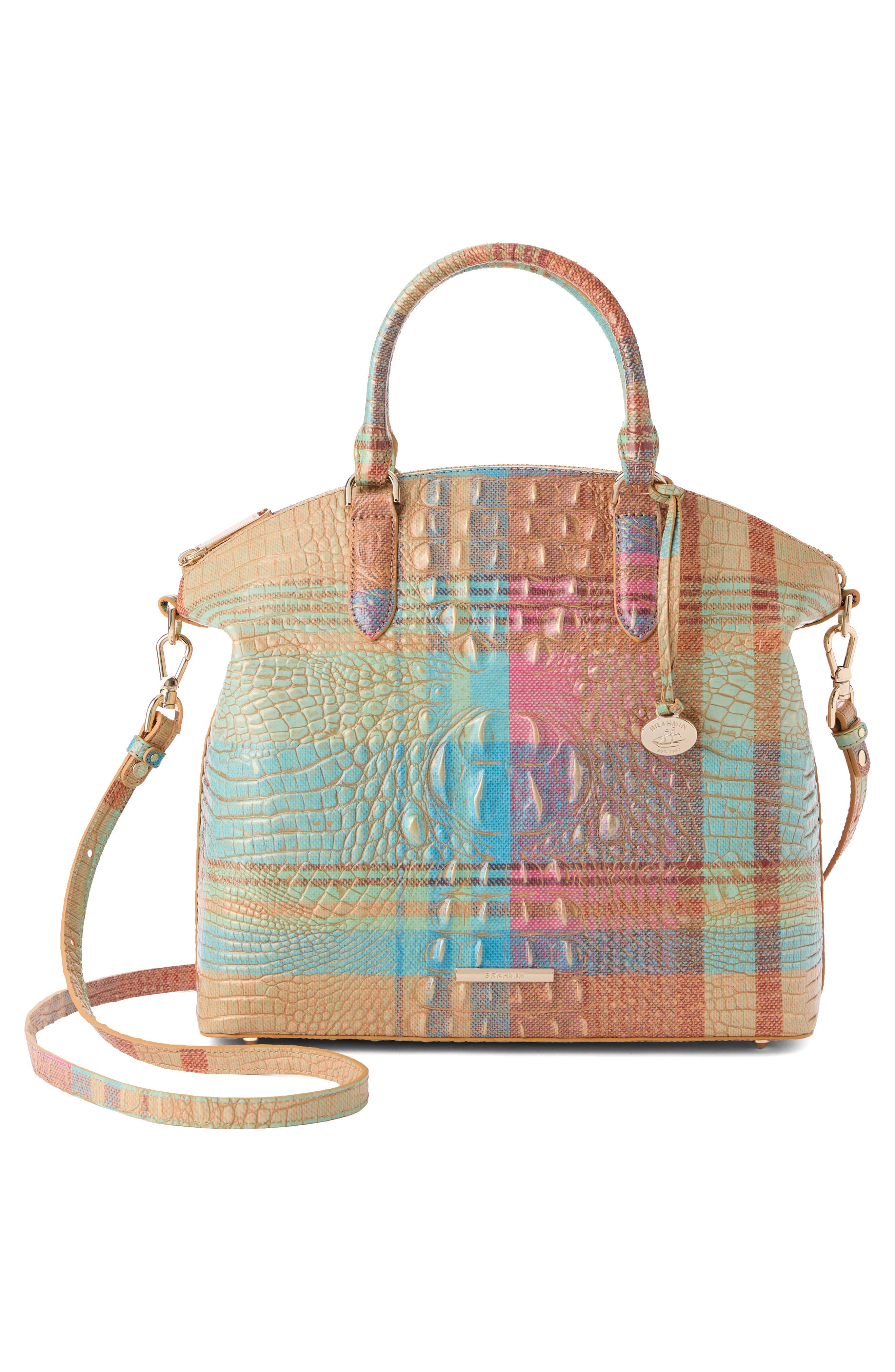 Brahmin Large Duxbury Plaid Croc Embossed Leather Satchel, Alternate, color, Picnic