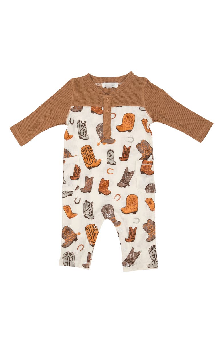 Angel Dear Cowboy Colorblock Waffle Knit Romper, Main, color,
