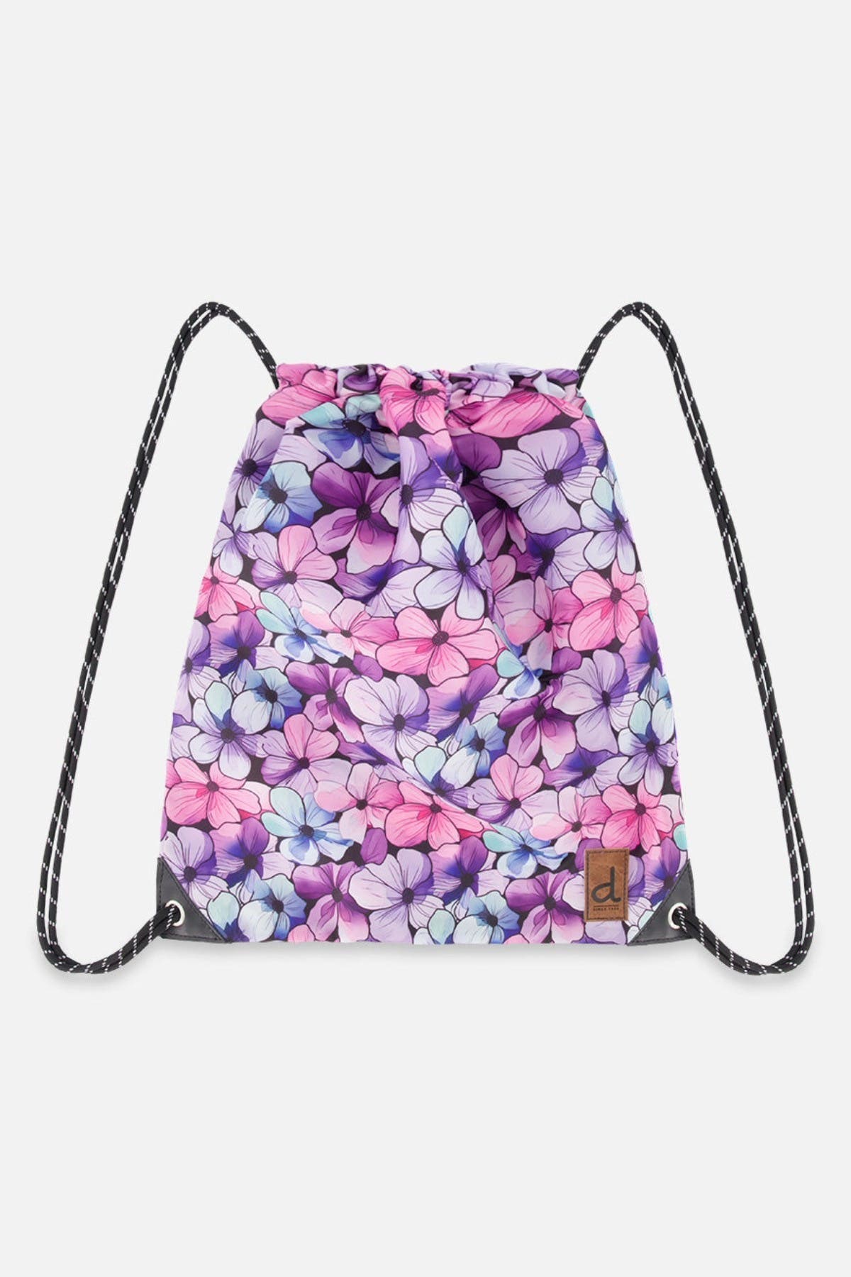 Deux par Deux Floral Durable Lightweight Drawstring Bag, Main, color, Black Floral Print