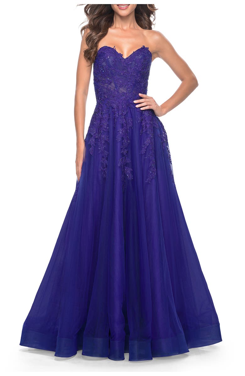 La Femme Sweetheart Tulle Strapless Gown with Lace Applique, Alternate, color, Indigo