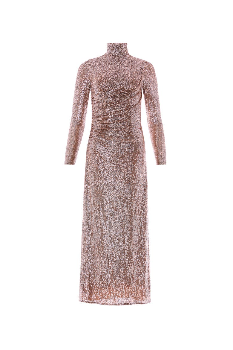 Malia Turtleneck Ankle Gown, Alternate, color, Warm Taupe