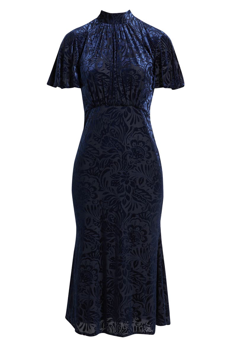 Velvet Burnout Short Sleeve Midi Dress, Alternate, color, NAVY