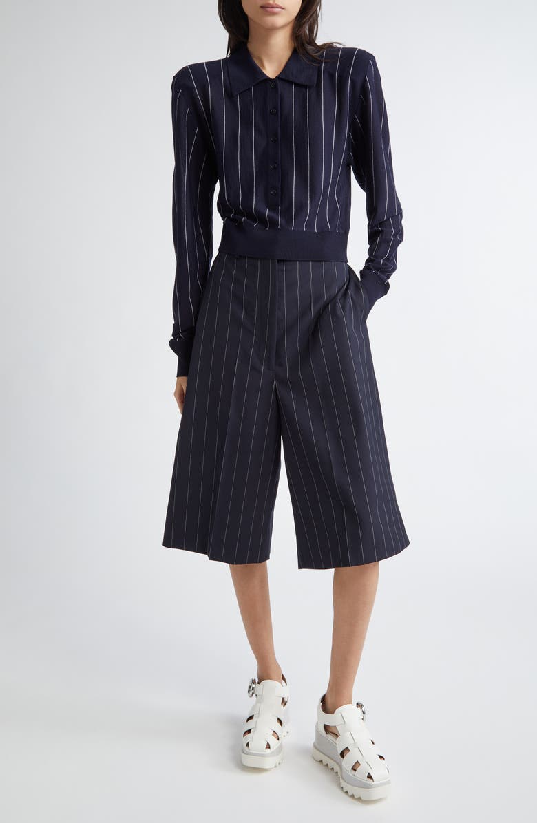 Stella McCartney Pinstripe Long Sleeve Virgin Wool Crop Polo, Alternate, color, Ink/ White