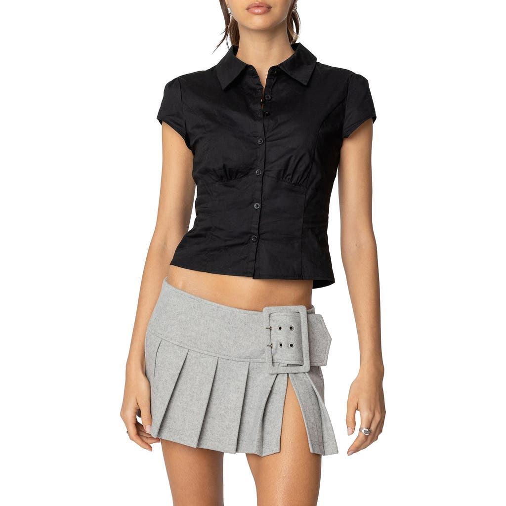 Edikted Massie Cap Sleeve Stretch Cotton Button-up Shirt In Black