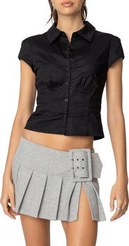 EDIKTED Massie Cap Sleeve Stretch Cotton Button-Up Shirt