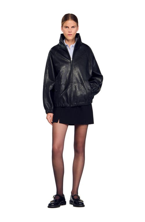 Sandro Oversized Leather Jacket In Blue