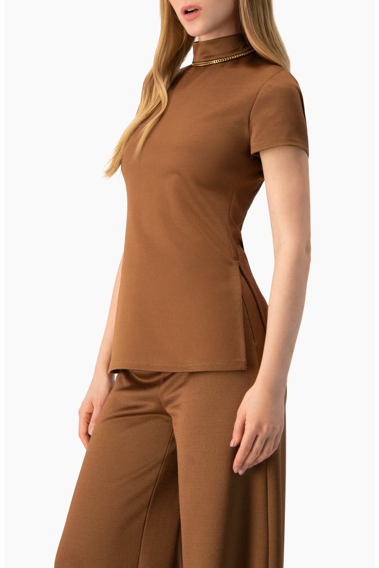 Side-Slit High-Neck Short Sleeve Blouse, Alternate, color, Camel