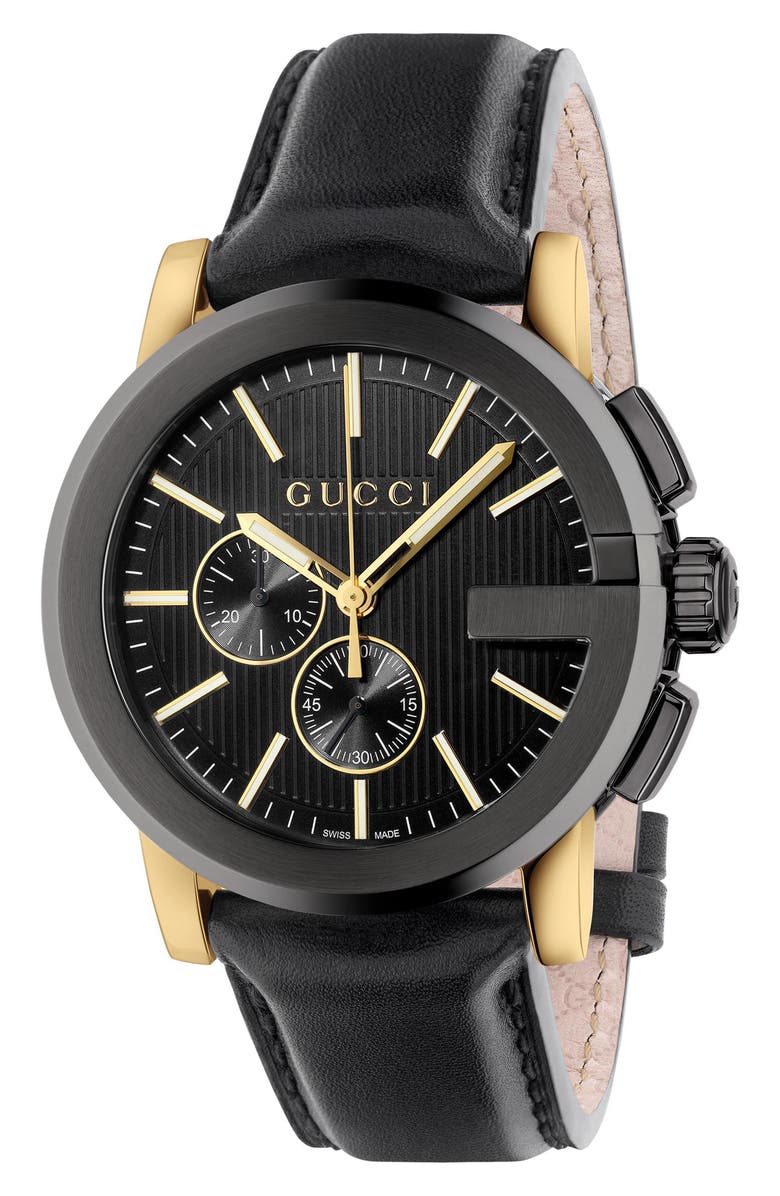 Gucci 'G-Chrono' Guilloche Dial Leather Strap Watch, 44mm, Main, color, 
