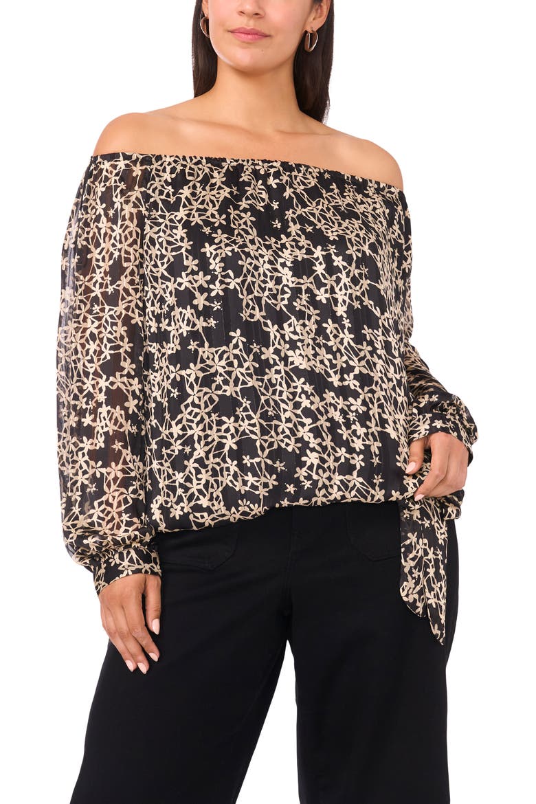 Floral Metallic Print Off the Shoulder Top, Main, color, RICH BLACK
