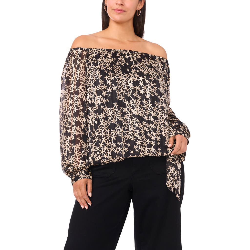 Vince Camuto Floral Metallic Print Off The Shoulder Top In Black