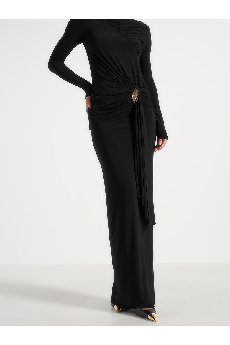 Edena Asymmetric Ruched Draped Maxi Dress, Alternate, color, Black