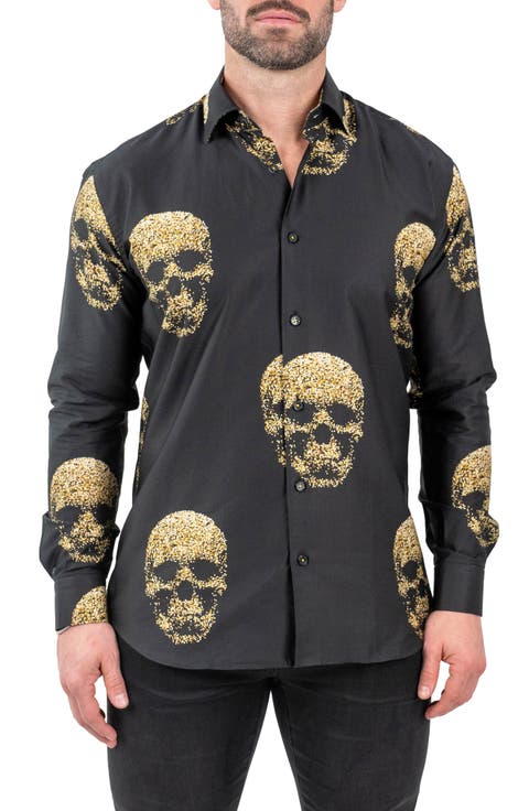 Fibonacci Goldenskull Black Contemporary Fit Button-Up Shirt