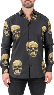 Maceoo Fibonacci Goldenskull Black Contemporary Fit Button-Up Shirt