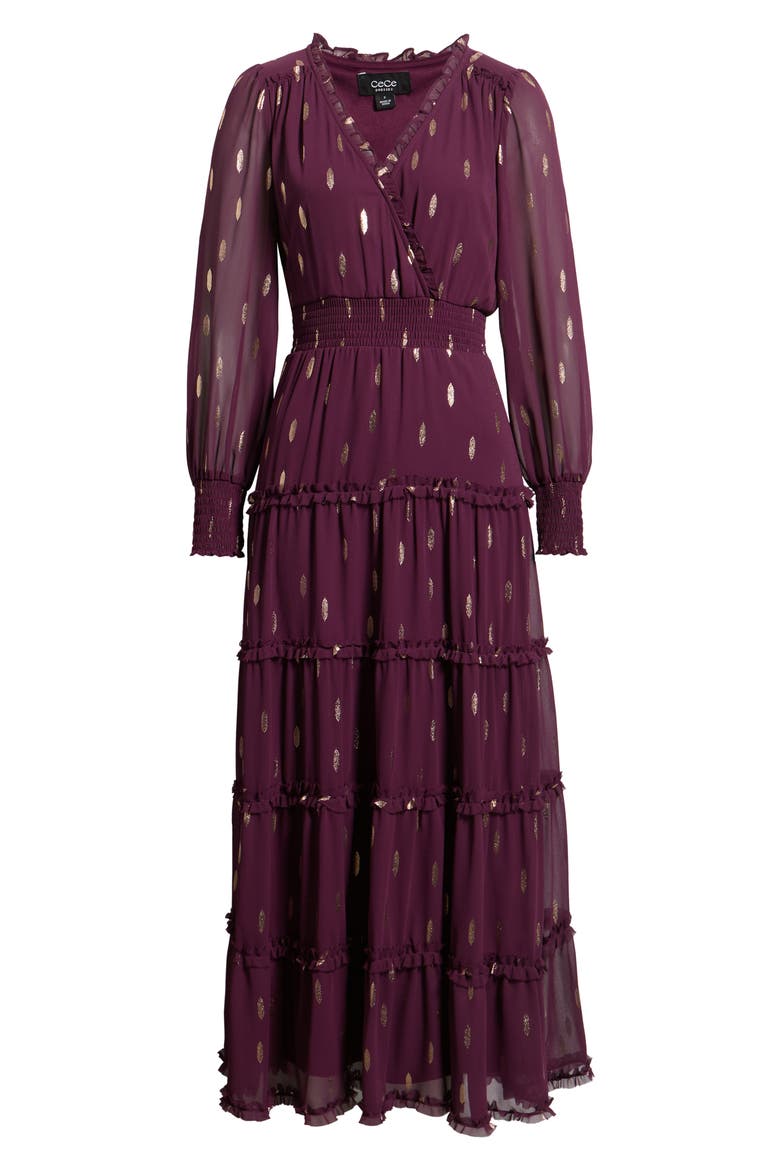 Foil Smocked Waist Long Sleeve Tiered Maxi Dress, Alternate, color, POTENT PURPLE