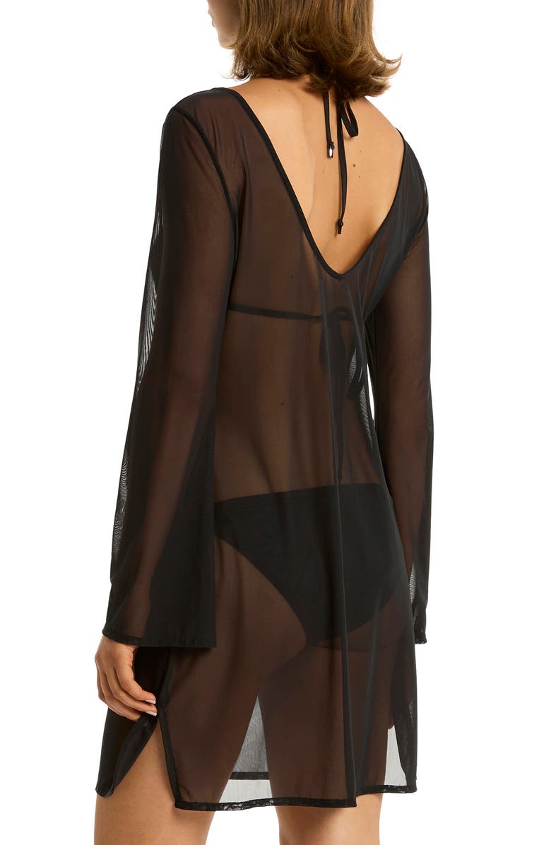 Sea Level Day Club Long Sleeve Mesh Cover-Up Dress, Alternate, color, Black