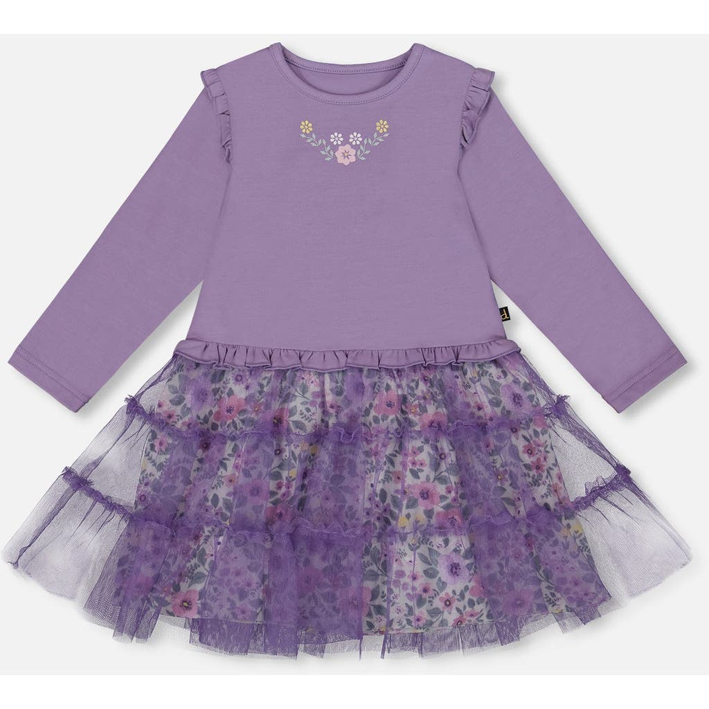Deux Par Deux Bi-material Dress With Muslin And Mesh Skirt In Purple