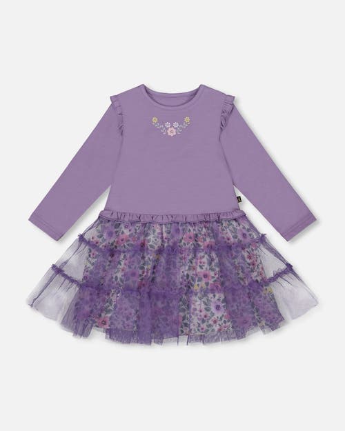Deux Par Deux Babies'  Bi-material Dress With Muslin And Mesh Skirt In Purple