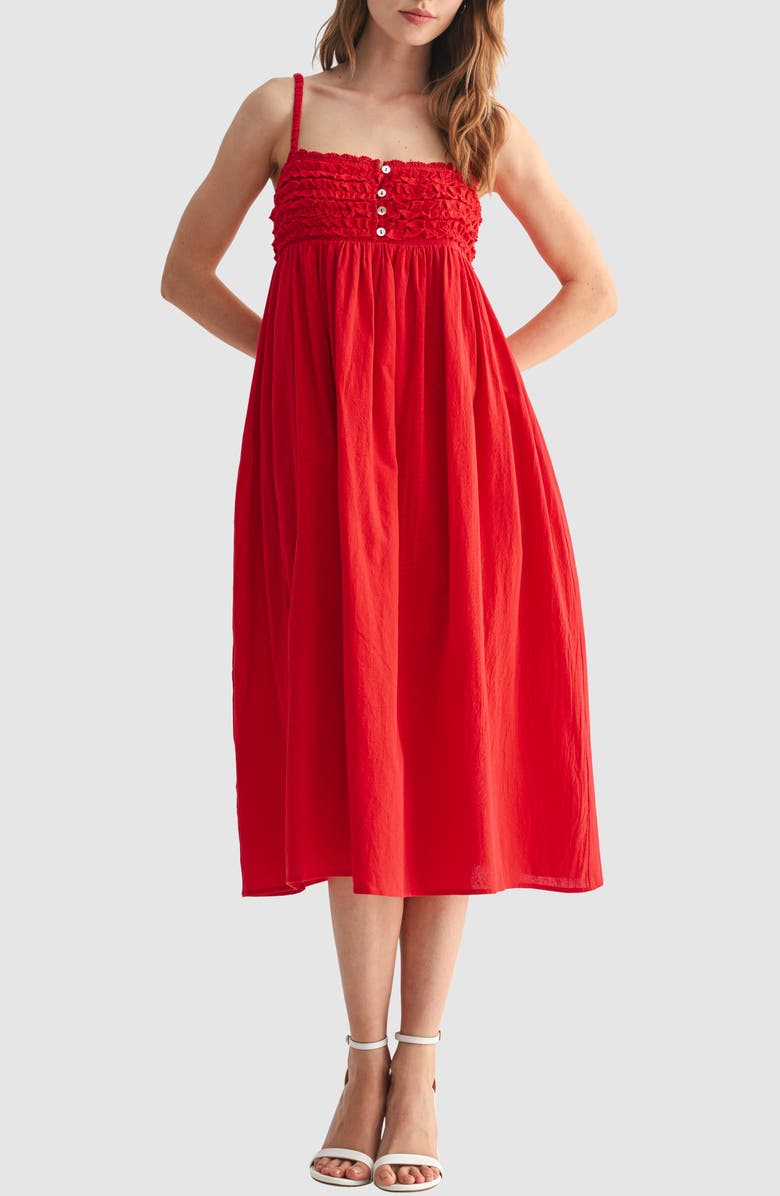 Lush Ruffle Empire Waist Cotton Midi Dress, Main, color,