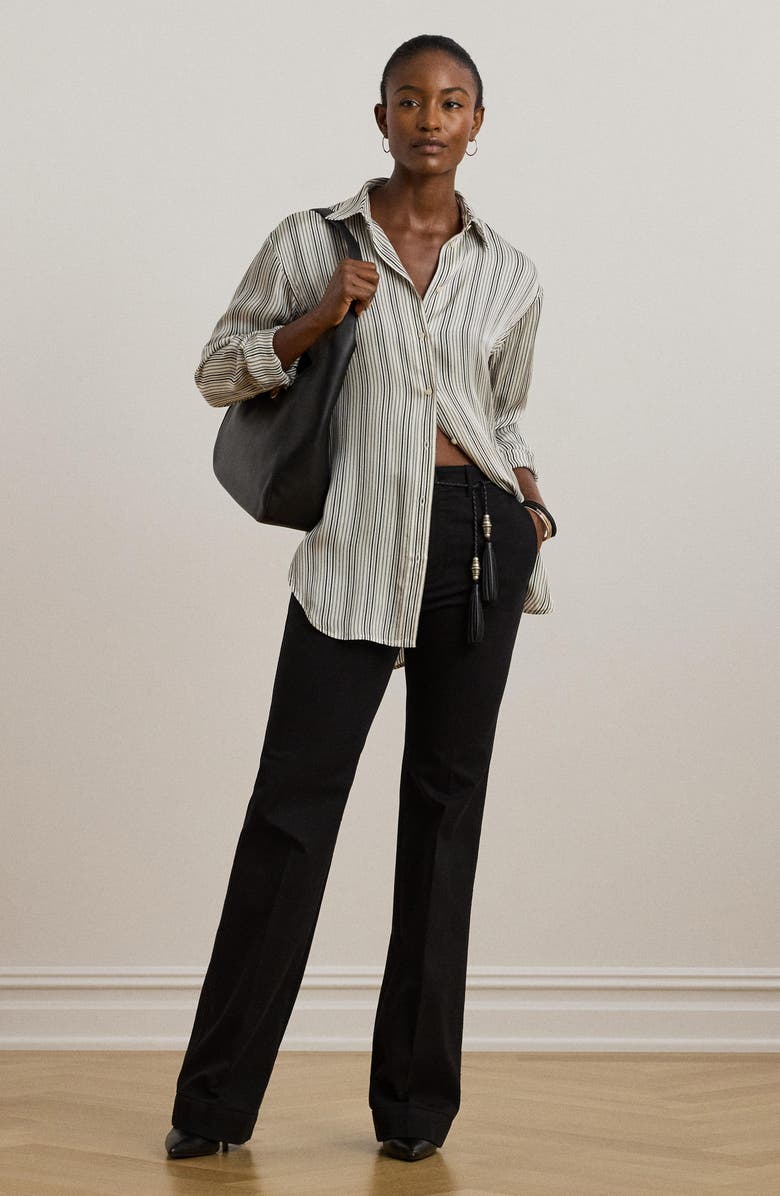 Lauren Ralph Lauren Stripe Relaxed Fit Satin Button-Up Shirt, Alternate, color, Cream/ Black