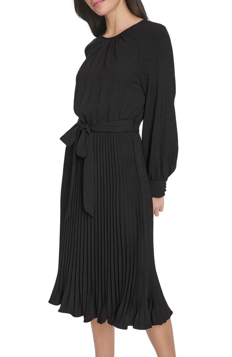 Calvin Klein Aerowash Long Sleeve Pleated Midi Dress, Alternate, color, Black