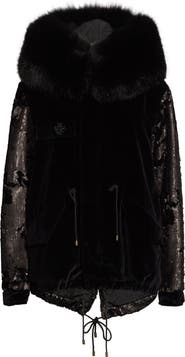 Mr & Mrs Italy Sequin Embellished Velvet Coat with Removable Genuine Fox Fur Trim