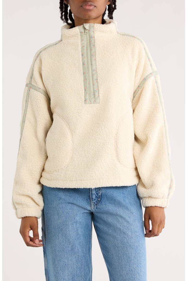Corduroy Trim Faux Shearling Half Zip Pullover, Main, color, IVORY SAGE