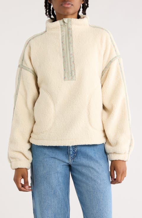 Corduroy Trim Faux Shearling Half Zip Pullover