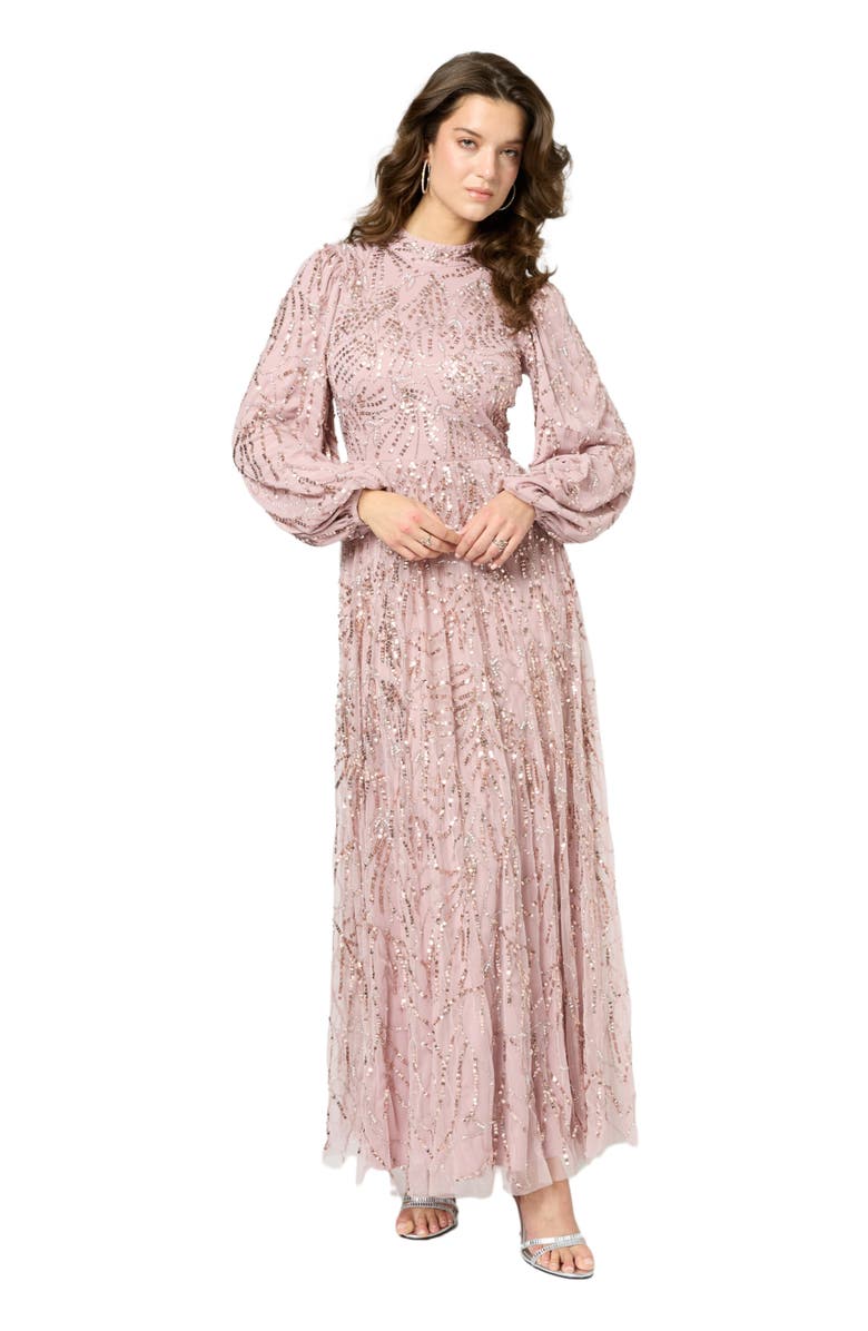 MARYISA Occasion Modest Embellished Sequin Beaded High Neck Evening Dress, Alternate, color, Frosted Pink