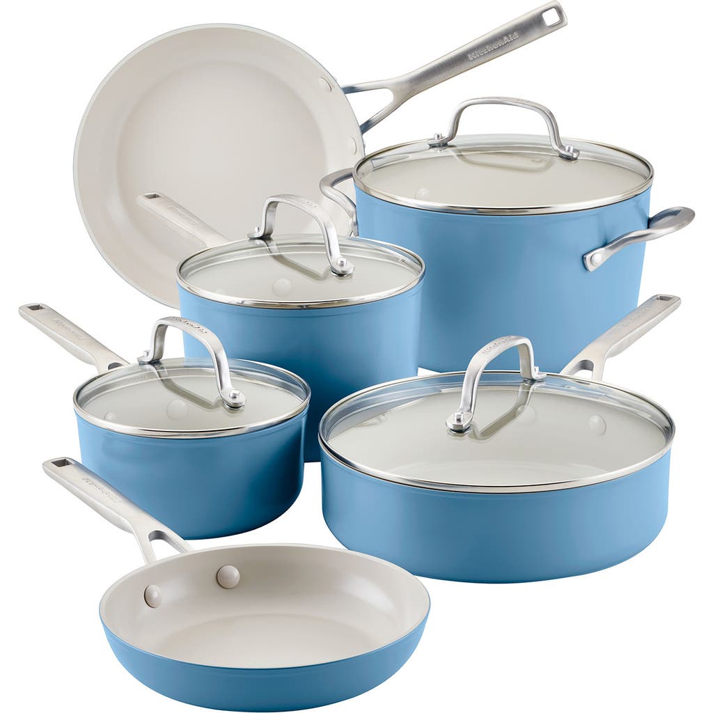 Kitchenaid Hard Anodized Ceramic Aluminum Nonstick 10-piece Cookware Set With Lids In Blue