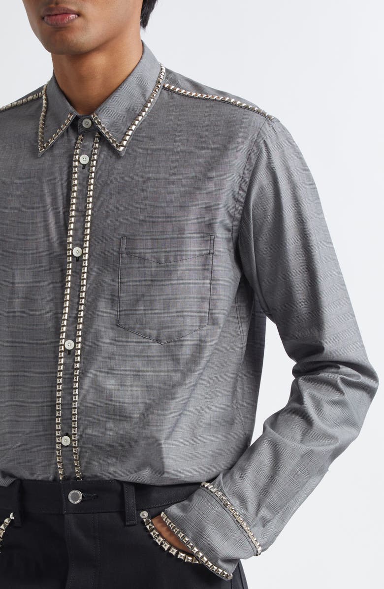 TAKAHIROMIYASHITA TheSoloist. Stud Embellished Plaid Twill Button-Up Shirt, Alternate, color, Black X White(Glen Check)