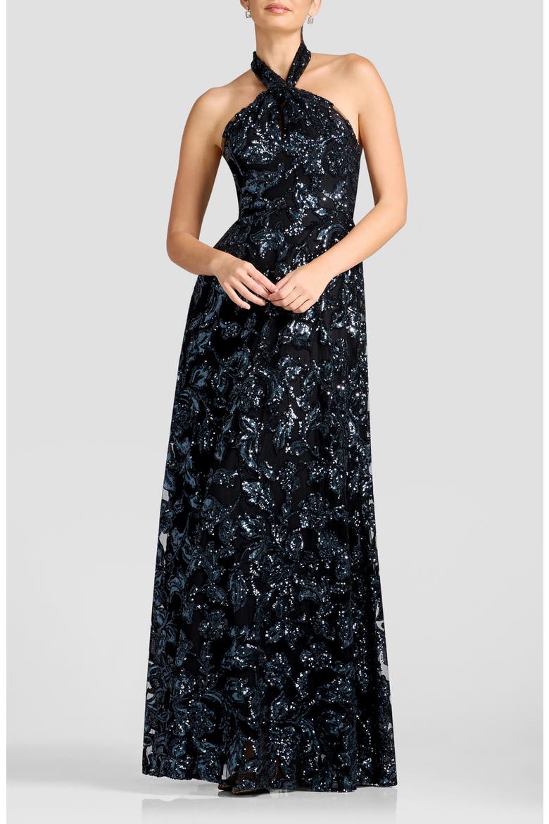 Manon Sequin Halter Gown, Main, color, BLACK MULTI