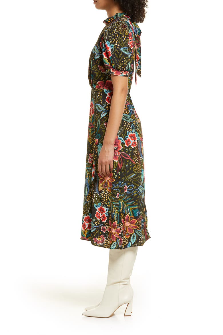 Floral Print Tie Neck Midi Dress, Alternate, color, BLACK MULTI
