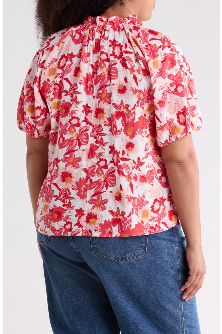 Split Neck Short Sleeve Cotton Gauze Top, Alternate, color, RED/ IVORY PALM FLORAL
