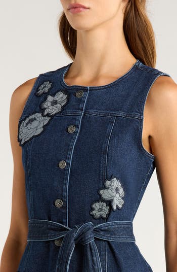 Marsha Floral Appliqué Tie Waist Denim Dress
