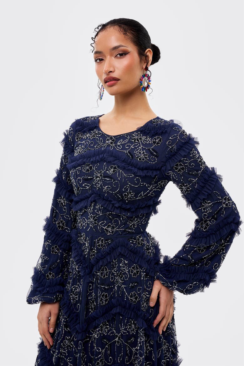 Modest Embellished Sequins Ruffle Maxi Dress, Alternate, color, Mid Night Blue