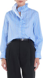 English Factory Stripe Ruffle Shirt