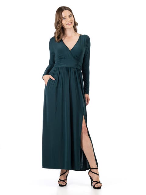 Womens Long Sleeve V-neck Side Slit Maxi Dress