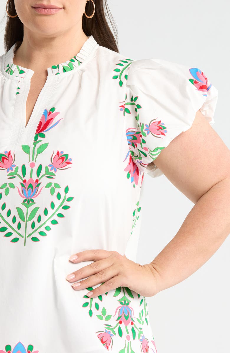 SUGARLIPS Keni Split Neck Floral Print Cotton Top, Alternate, color, White-Green-Multi