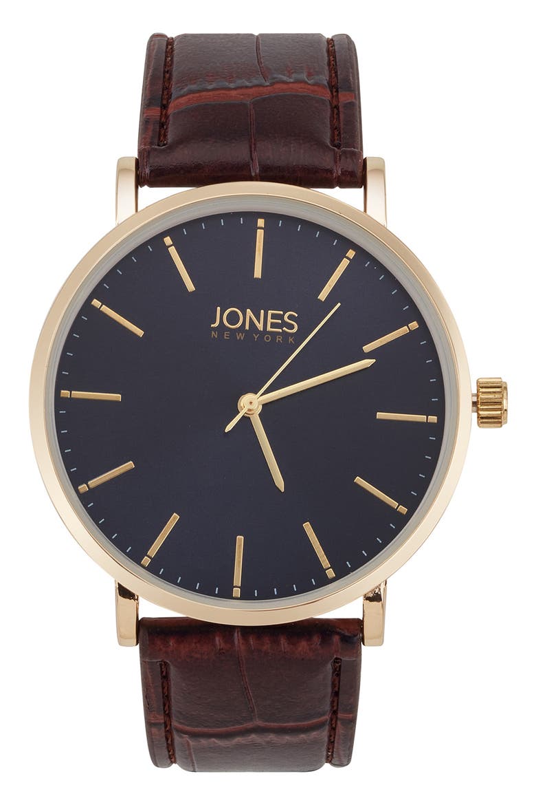 Three Hand Quartz Croc Embossed Leather Strap Watch, 44mm, Main, color, BROWN