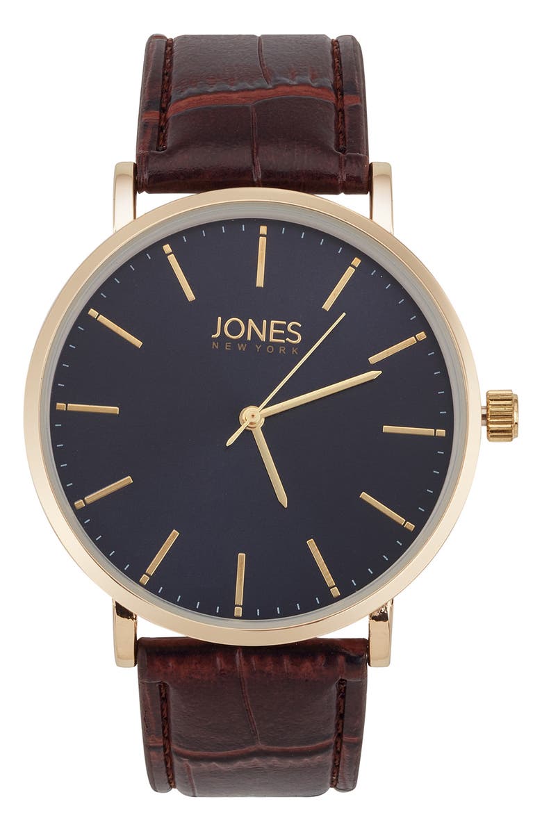Jones New York Three Hand Quartz Croc Embossed Leather Strap Watch, 44mm, Main, color, Brown