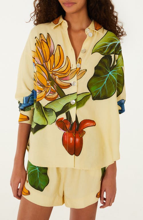 FARM Rio Fruit Print Linen Blend Button-Up Shirt in Yellow at Nordstrom, Size Small