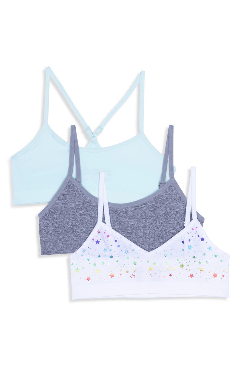 Maidenform Kids' Assorted 3-Pack Bralettes, Main, color, Whitestar/Heather Grey/Blue