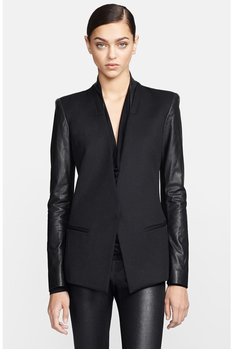Leather Sleeve Virgin Wool Blazer, Main, color, BLACK