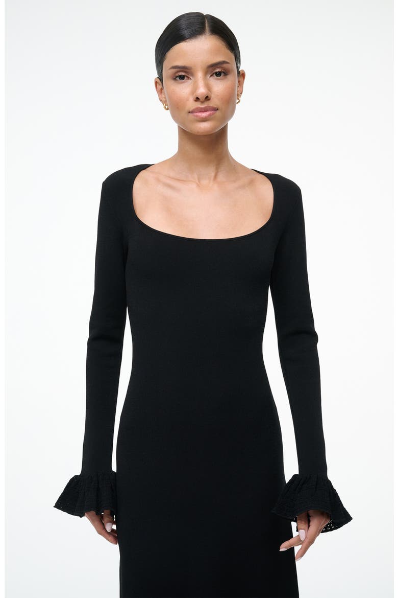 Shelley Lace & Ruffle Long Sleeve Midi Dress, Alternate, color, BLACK