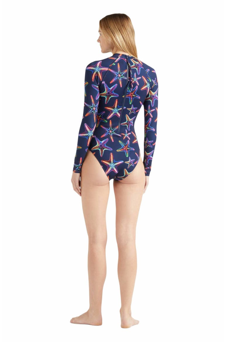 Women's Disco Stars UV Protection One-Piece Rashguard, Alternate, color, BLEU MARINE