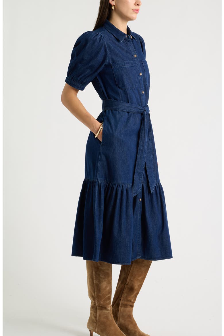 Belted Cotton Chambray Midi Dress, Alternate, color, DARK WASH