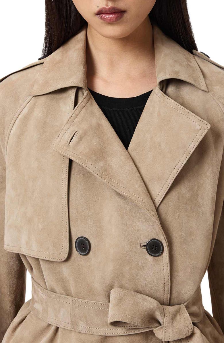 AllSaints Reed Suede Trench Coat, Alternate, color, Taupe Brown