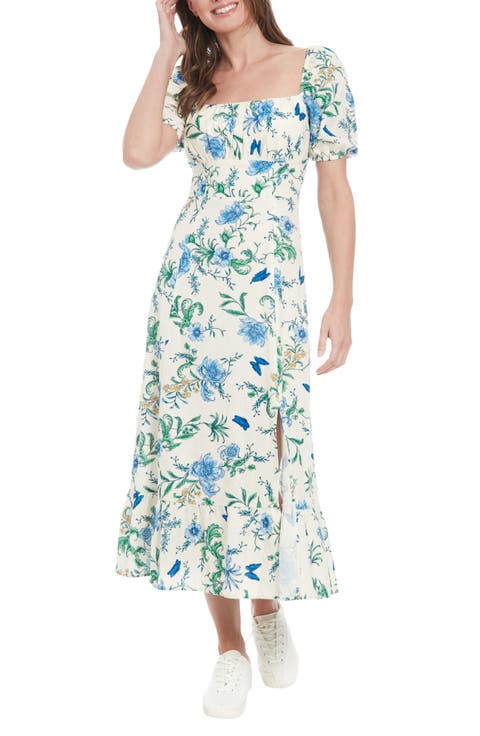 Floral Short Sleeve Linen Blend Midi Dress (Petite)